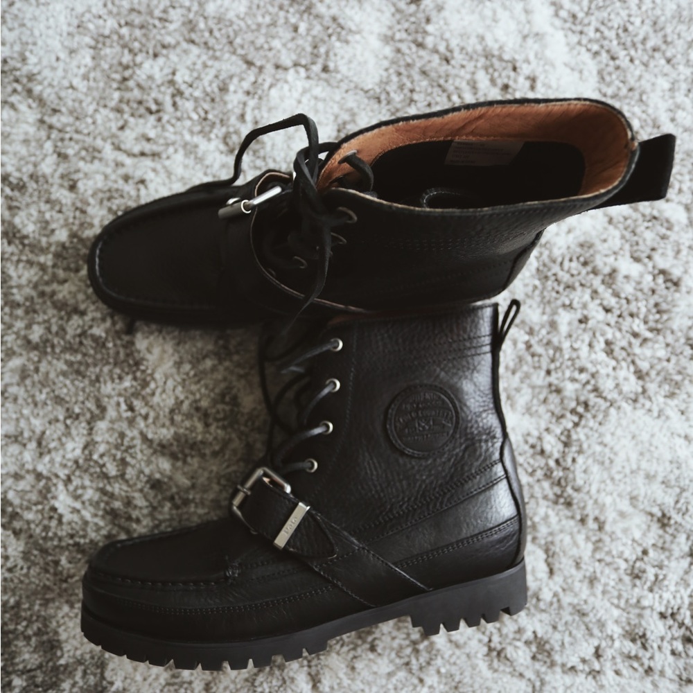 NEW Polo Ralph Lauren Men's Ranger Cow Leather Buckle Lace Up Boots Black 9D
